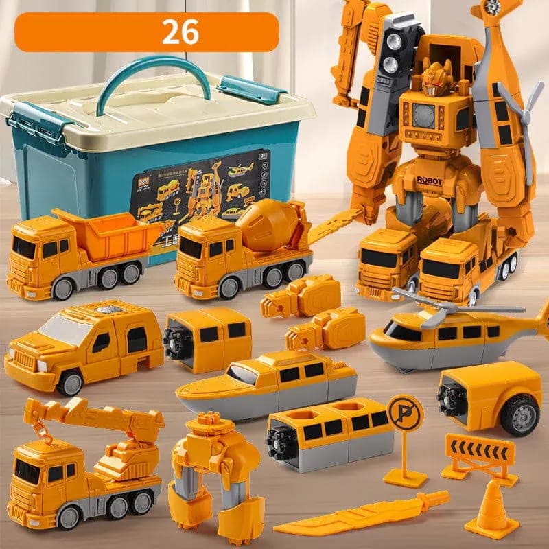 All 26 pieces of the construction robot set with its storage box